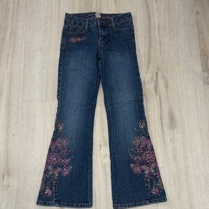 Arizona Jean Company Dark Blue Flare Jeans with Pink Embroidery